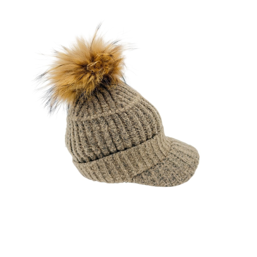 Knit Beanie Hat w/ Removable Genuine Fur Pom-Pom & Brim | Neutral | OS